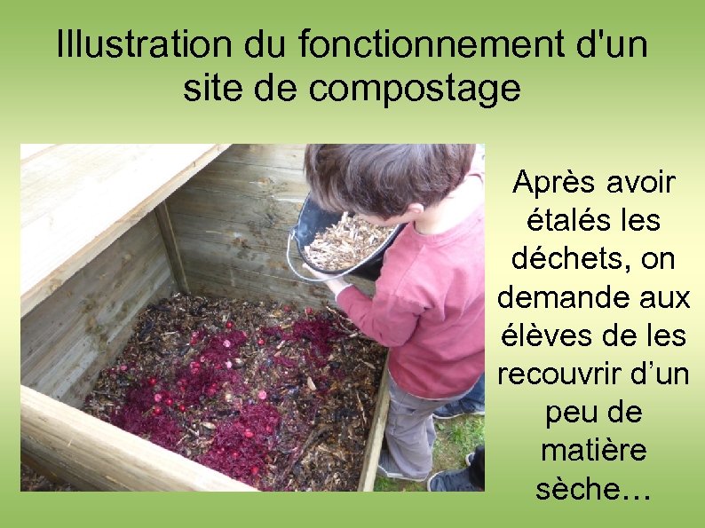 Illustration du fonctionnement d'un site de compostage Après avoir étalés les déchets, on demande