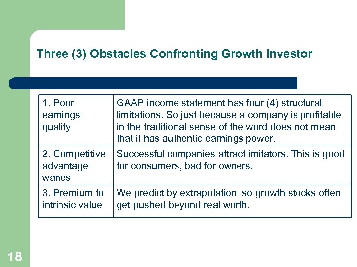 Three (3) Obstacles Confronting Growth Investor 1. Poor earnings quality 2. Competitive advantage wanes