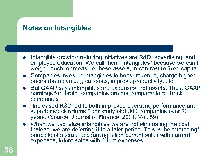 Notes on Intangibles l l l 38 Intangible growth-producing initiatives are R&D, advertising, and