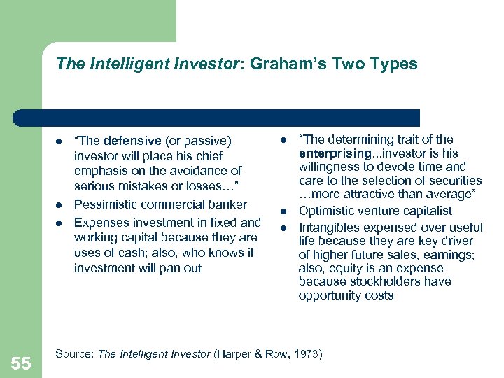 The Intelligent Investor: Graham’s Two Types l l l 55 “The defensive (or passive)