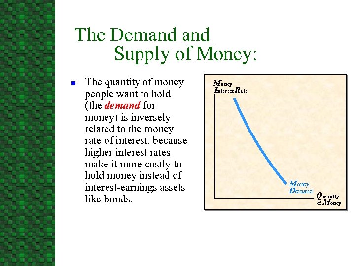 The Demand Supply of Money: n The quantity of money people want to hold