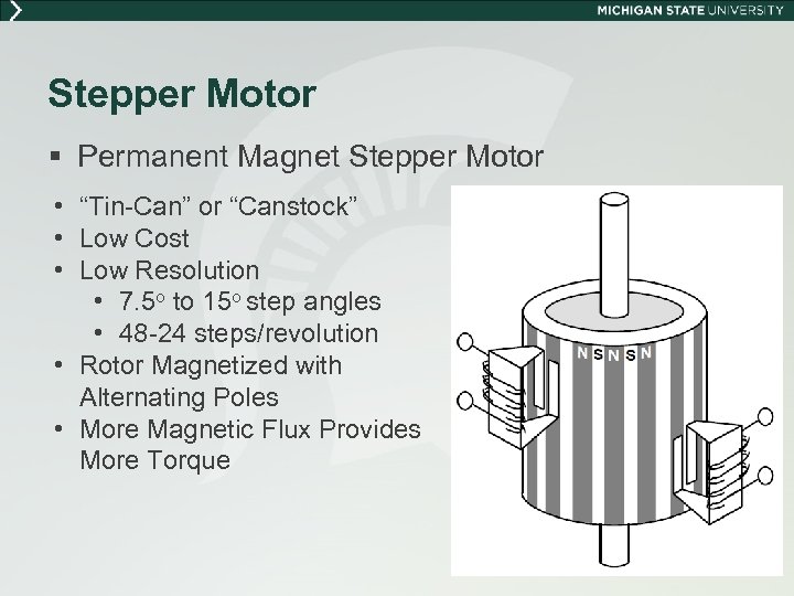 Stepper Motor § Permanent Magnet Stepper Motor • “Tin-Can” or “Canstock” • Low Cost