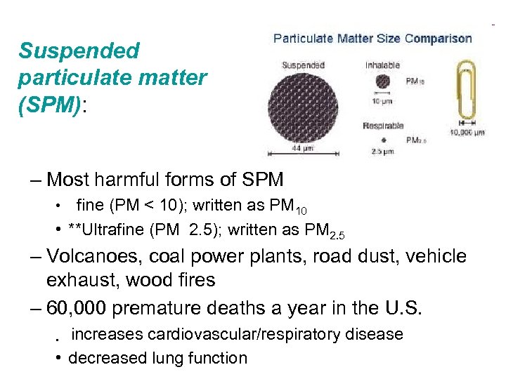 Suspended particulate matter (SPM): – Most harmful forms of SPM fine (PM < 10);