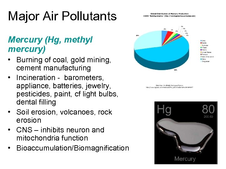 Major Air Pollutants Mercury (Hg, methyl mercury) • Burning of coal, gold mining, cement