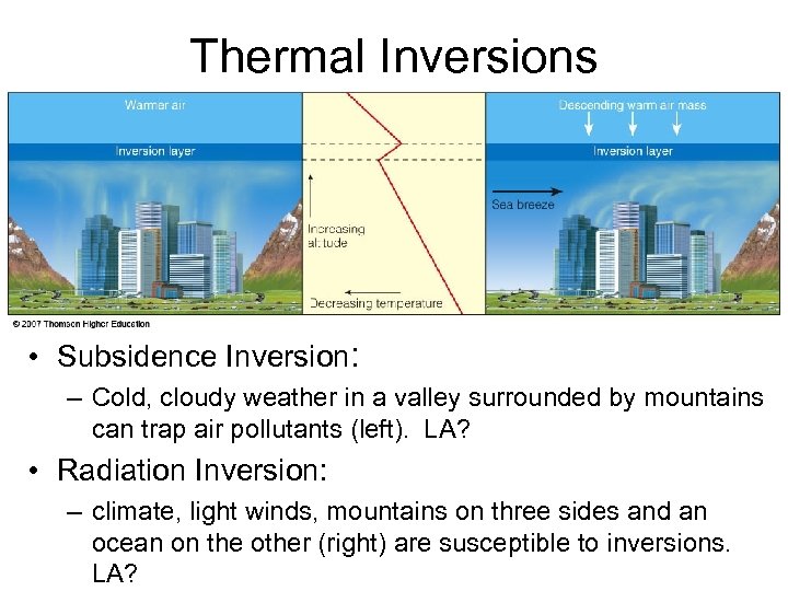 Thermal Inversions • Subsidence Inversion: – Cold, cloudy weather in a valley surrounded by