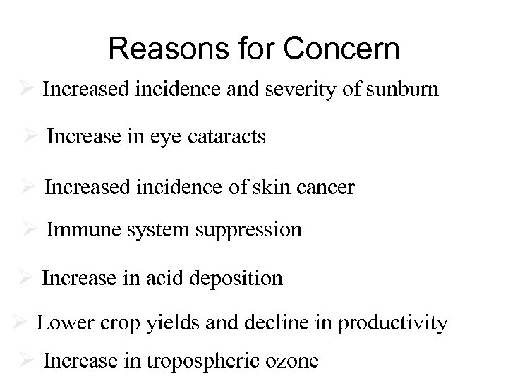 Reasons for Concern Ø Increased incidence and severity of sunburn Ø Increase in eye