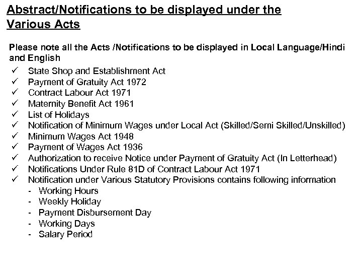 Abstract/Notifications to be displayed under the Various Acts Please note all the Acts /Notifications