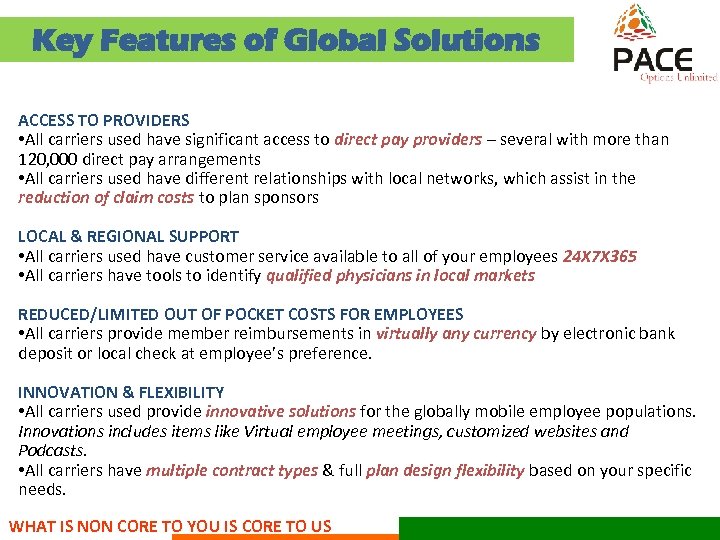 Key Features of Global Solutions ACCESS TO PROVIDERS • All carriers used have significant
