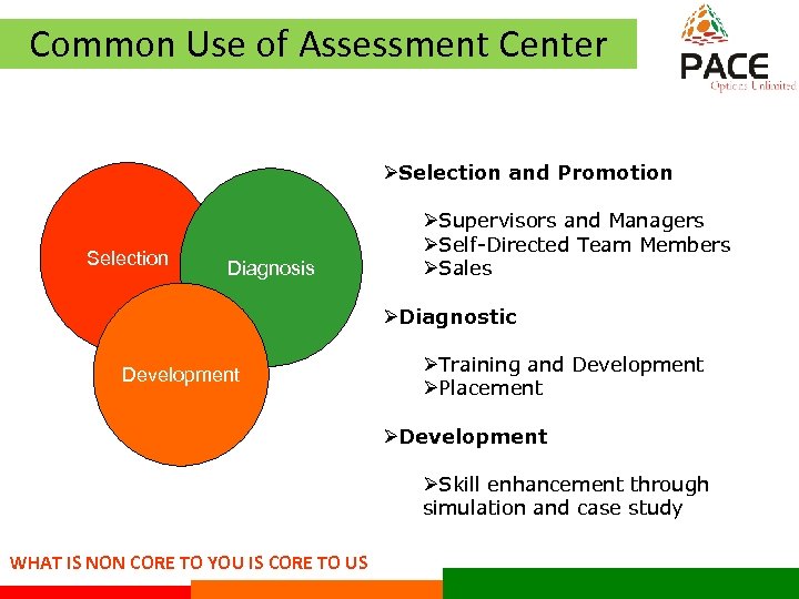 Common Use of Assessment Center. ØSelection and Promotion Selection Diagnosis ØSupervisors and Managers ØSelf-Directed