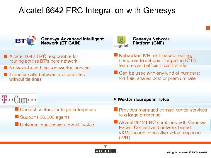 Alcatel 8642 FRC Integration with Genesys Advanced Intelligent Network (BT GAIN) n Alcatel 8642