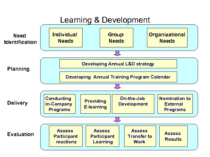 Learning & Development Need Identification Individual Needs Group Needs Organizational Needs Developing Annual L&D