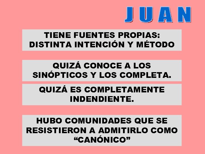 TIENE FUENTES PROPIAS: DISTINTA INTENCIÓN Y MÉTODO QUIZÁ CONOCE A LOS SINÓPTICOS Y LOS