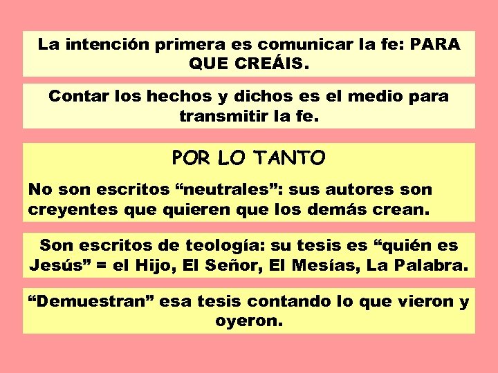 La intención primera es comunicar la fe: PARA QUE CREÁIS. Contar los hechos y
