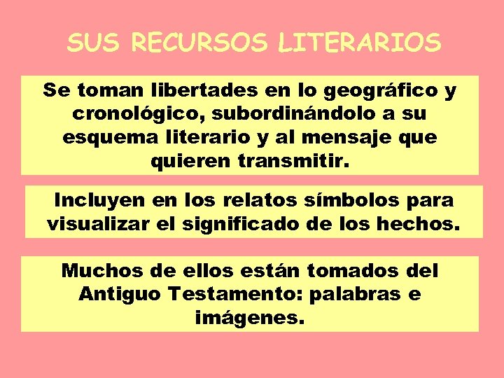 SUS RECURSOS LITERARIOS Se toman libertades en lo geográfico y cronológico, subordinándolo a su