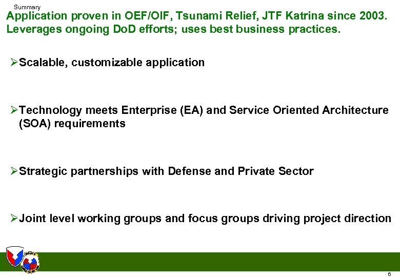 Summary Application proven in OEF/OIF, Tsunami Relief, JTF Katrina since 2003. Leverages ongoing Do.