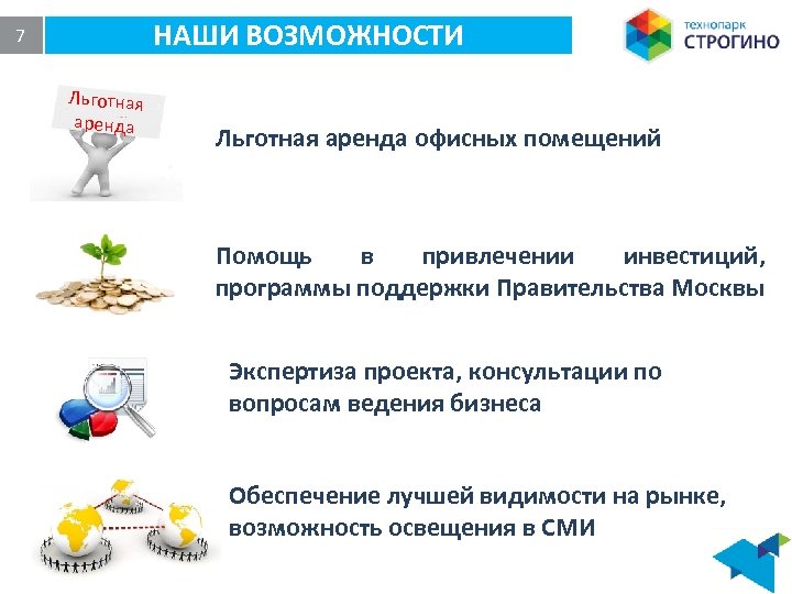 НАШИ ВОЗМОЖНОСТИ 7 Льготная аренда офисных помещений Помощь в привлечении инвестиций, программы поддержки Правительства