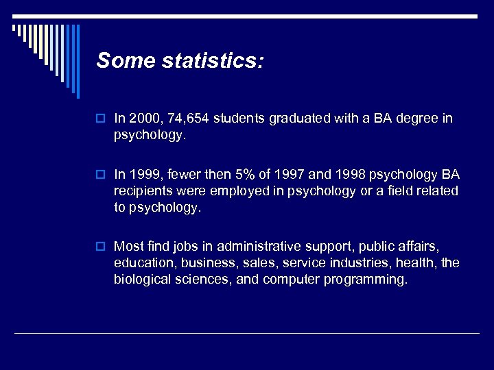 Some statistics: o In 2000, 74, 654 students graduated with a BA degree in