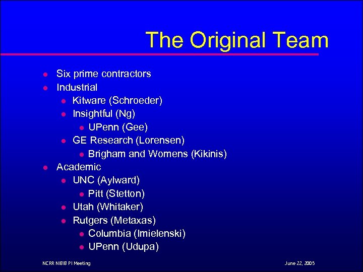 The Original Team l l l Six prime contractors Industrial l Kitware (Schroeder) l