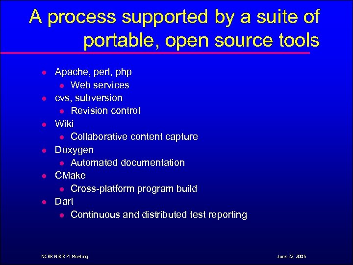 A process supported by a suite of portable, open source tools l l l