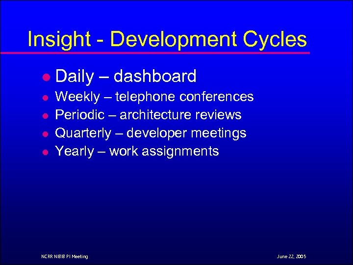 Insight - Development Cycles l Daily – dashboard l l Weekly – telephone conferences