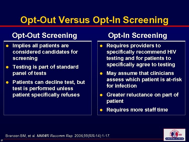 Opt-Out Versus Opt-In Screening Opt-Out Screening ● Implies all patients are considered candidates for
