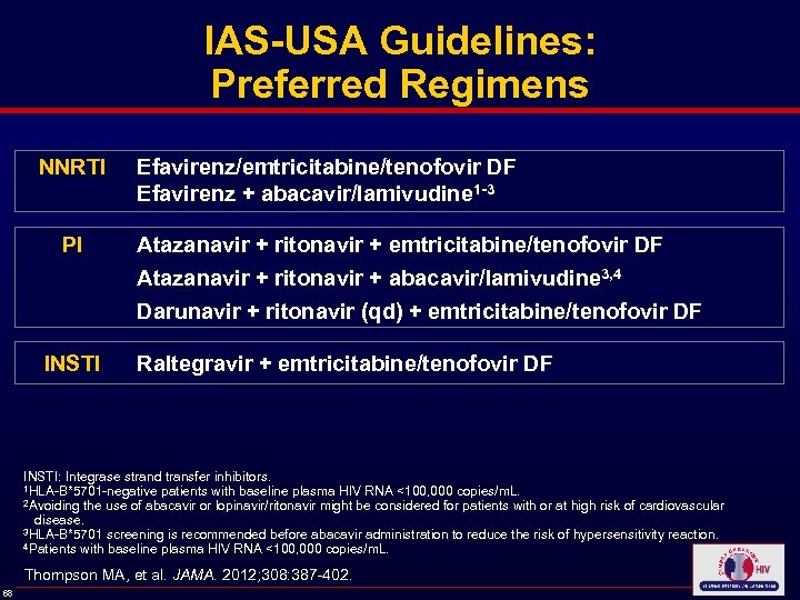 IAS-USA Guidelines: Preferred Regimens NNRTI PI Efavirenz/emtricitabine/tenofovir DF Efavirenz + abacavir/lamivudine 1 -3 Atazanavir