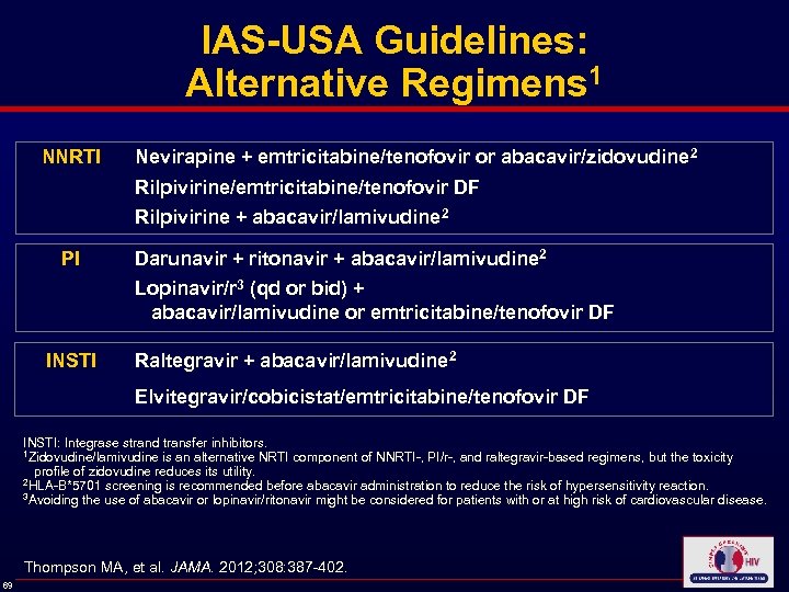 IAS-USA Guidelines: Alternative Regimens 1 NNRTI Nevirapine + emtricitabine/tenofovir or abacavir/zidovudine 2 Rilpivirine/emtricitabine/tenofovir DF