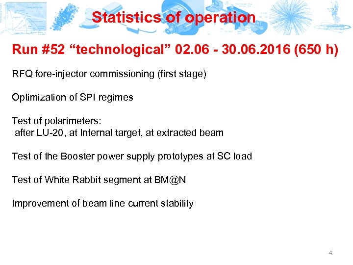 Statistics of operation Run #52 “technological” 02. 06 - 30. 06. 2016 (650 h)