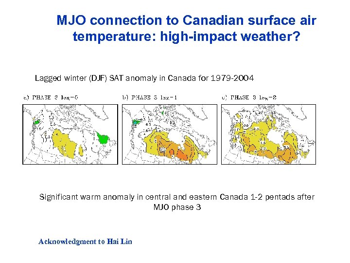 MJO connection to Canadian surface air temperature: high-impact weather? WWRP Lagged winter (DJF) SAT