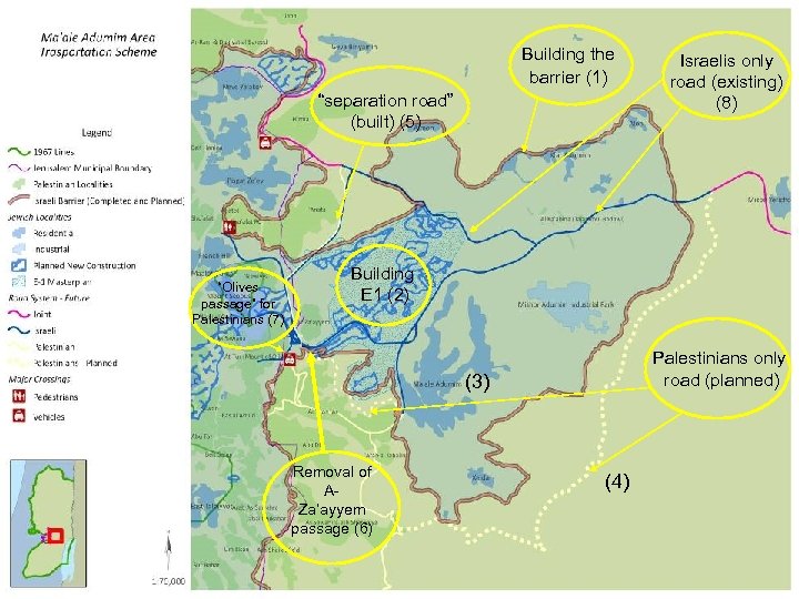 Building the barrier (1) “separation road” (built) (5) “Olives passage” for Palestinians (7) Israelis