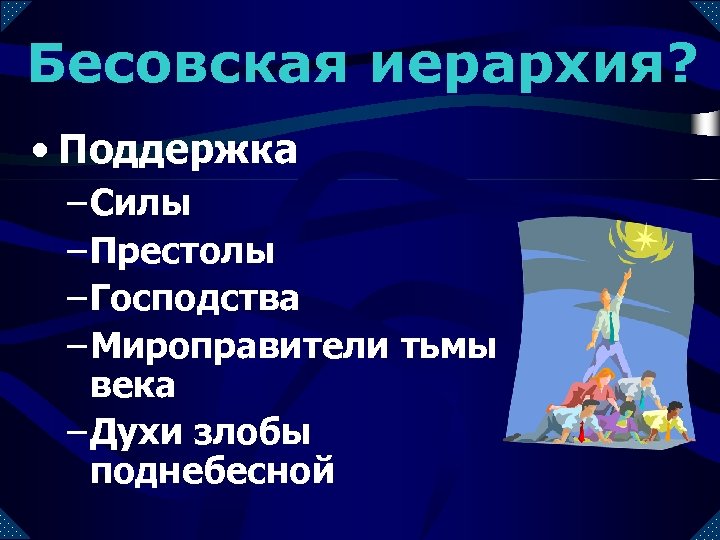 Бесовская иерархия? • Поддержка – Силы – Престолы – Господства – Мироправители тьмы века