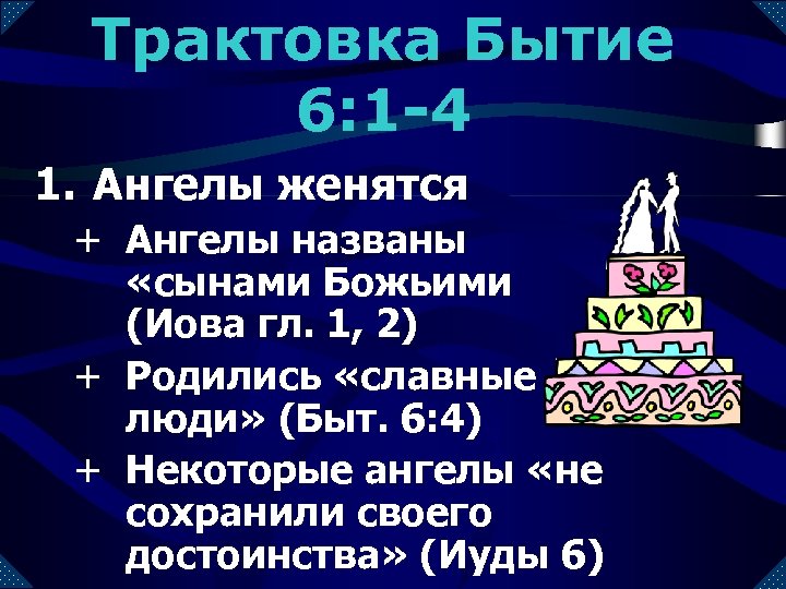 Трактовка Бытие 6: 1 -4 1. Ангелы женятся + Ангелы названы «сынами Божьими (Иова