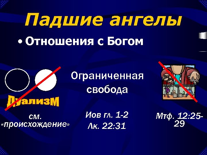 Падшие ангелы • Отношения с Богом Ограниченная свобода см. «происхождение» Иов гл. 1 -2