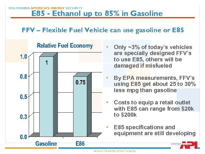 E 85 - Ethanol up to 85% in Gasoline FFV – Flexible Fuel Vehicle