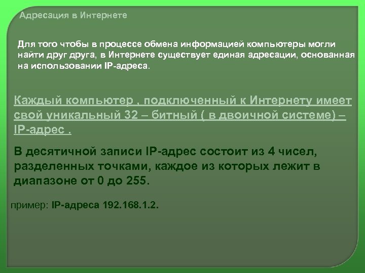 Адресация в Интернете Для того чтобы в процессе обмена информацией компьютеры могли найти друга,