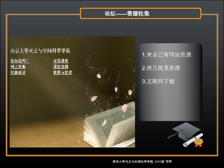 论坛——资源收集 1. 来自已有网站资源 2. 拷贝院系资源 3. 互联网下载 南京大学天文与空间科学学院 2010级 邓明 