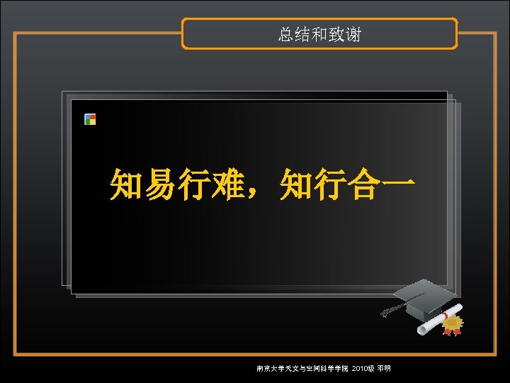 总结和致谢 知易行难，知行合一 南京大学天文与空间科学学院 2010级 邓明 
