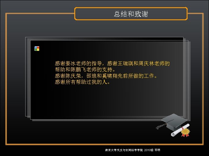 总结和致谢 感谢姜冰老师的指导，感谢王瑞琪和周庆林老师的 帮助和陈鹏飞老师的支持。 感谢陈庆荣，邵琅和奚啸翔先前所做的 作。 感谢所有帮助过我的人。 南京大学天文与空间科学学院 2010级 邓明 