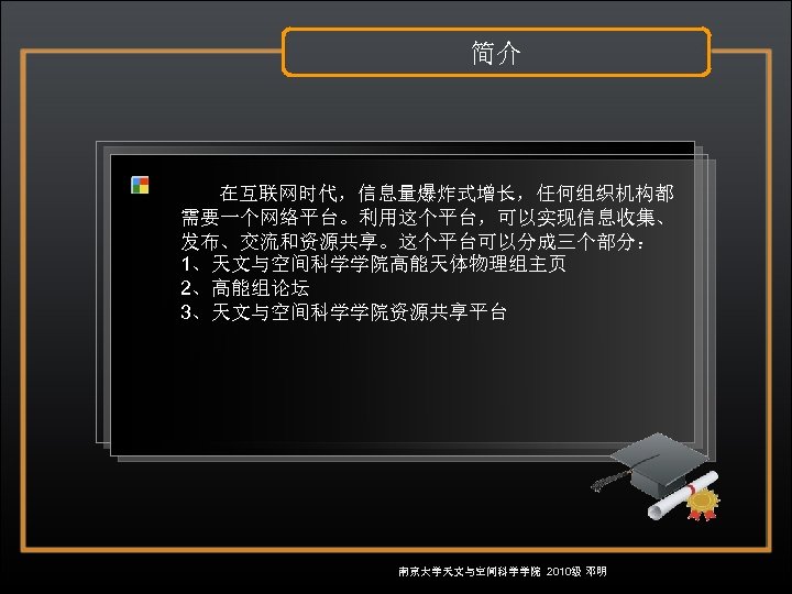 简介 在互联网时代，信息量爆炸式增长，任何组织机构都 需要一个网络平台。利用这个平台，可以实现信息收集、 发布、交流和资源共享。这个平台可以分成三个部分： 1、天文与空间科学学院高能天体物理组主页 2、高能组论坛 3、天文与空间科学学院资源共享平台 南京大学天文与空间科学学院 2010级 邓明 