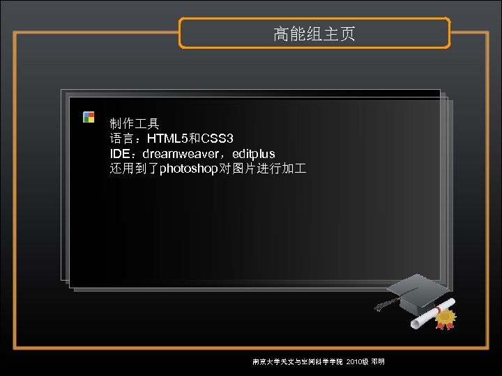 高能组主页 制作 具 语言：HTML 5和CSS 3 IDE：dreamweaver，editplus 还用到了photoshop对图片进行加 南京大学天文与空间科学学院 2010级 邓明 