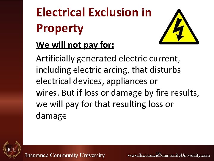 Electrical Exclusion in Property We will not pay for: Artificially generated electric current, including