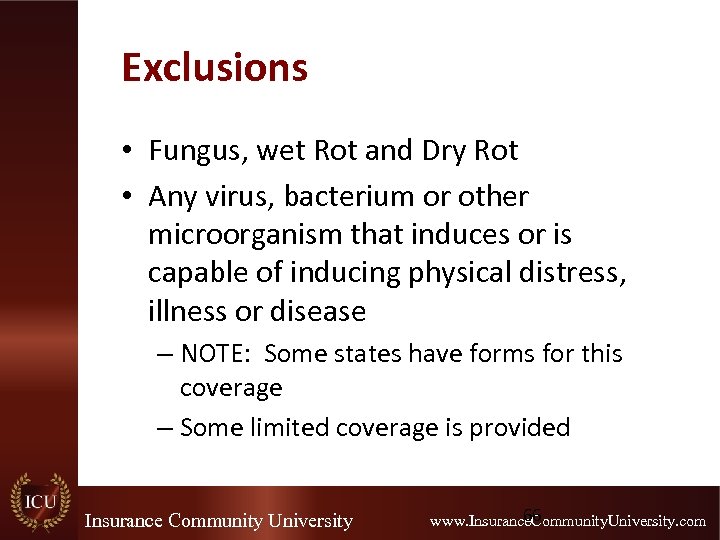 Exclusions • Fungus, wet Rot and Dry Rot • Any virus, bacterium or other