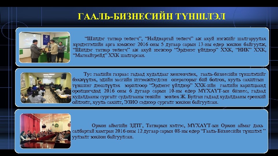 ГААЛЬ-БИЗНЕСИЙН ТҮНШЛЭЛ “Шилдэг татвар төлөгч”, “Найдвартай төлөгч” аж ахуй нэгжийг шалгаруулах хүндэтгэлийн арга хэмжээг