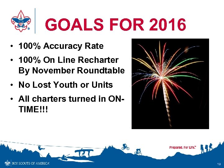 GOALS FOR 2016 • 100% Accuracy Rate • 100% On Line Recharter By November