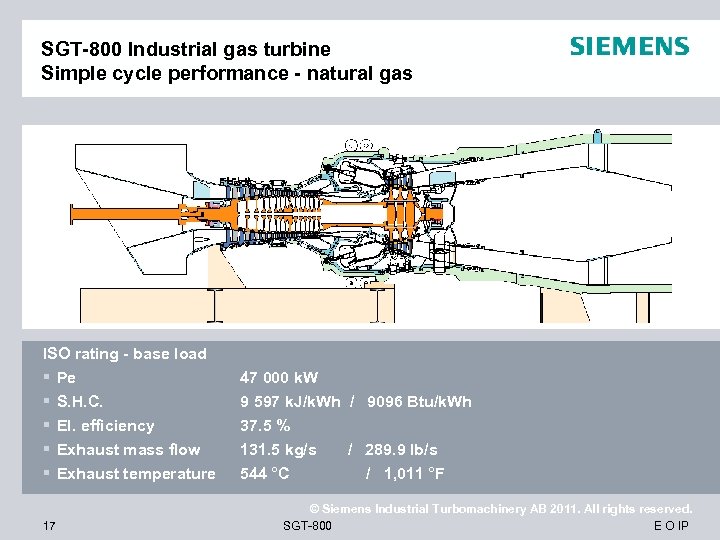 SGT-800 Industrial gas turbine Simple cycle performance - natural gas ISO rating - base