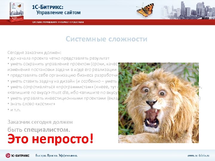 Системные сложности Сегодня заказчик должен: • до начала проекта четко представлять результат • уметь