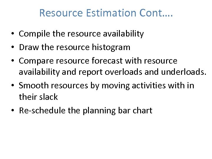 Resource Estimation Cont…. • Compile the resource availability • Draw the resource histogram •