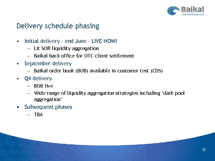 Delivery schedule phasing • Initial delivery – end June – LIVE NOW! – Lit