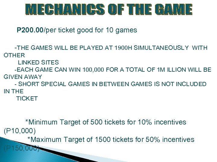 P 200. 00/per ticket good for 10 games -THE GAMES WILL BE PLAYED AT