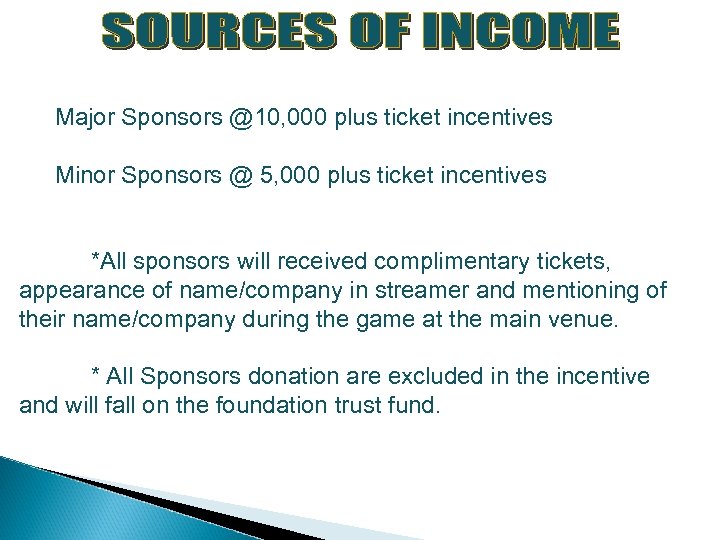 Major Sponsors @10, 000 plus ticket incentives Minor Sponsors @ 5, 000 plus ticket